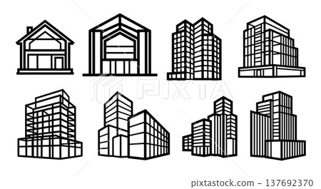 Black Solid Architectural Structural Silhouettes Set of Six on White Background 137692370