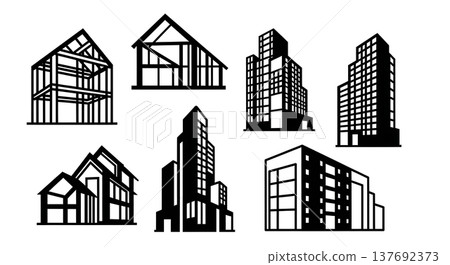 Black Solid Architectural Structural Silhouettes Set of Six on White Background Black Solid Architectural Structural Silhouettes Set of Six on White Background 137692373