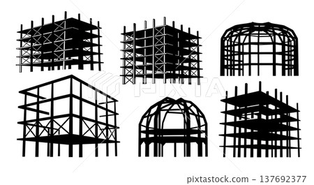 Black Solid Architectural Structural Silhouettes Set of Six on White Background 137692377