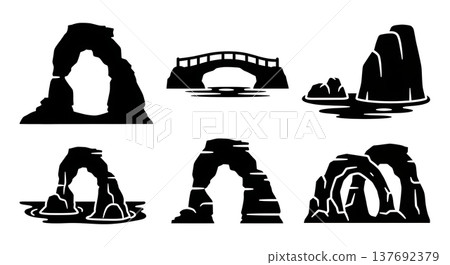 Black Solid Natural Arch Rock Formation Silhouettes Set of Six 137692379