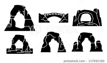 Black Solid Natural Arch Rock Formation Silhouettes Set of Six 137692380