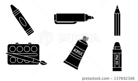 Black Solid Art Coloring Supplies Silhouettes Set of Six on White Background Black Solid Art Coloring Supplies Silhouettes Set of Six on White Background 137692386