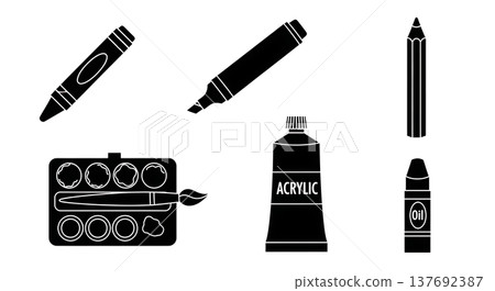 Black Solid Art Coloring Supplies Silhouettes Set of Six on White Background 137692387