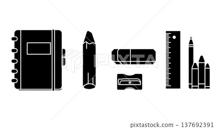Black Solid Art Drawing Supplies Silhouettes Set of Six on White Background 137692391