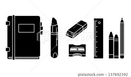 Black Solid Art Drawing Supplies Silhouettes Set of Six on White Background 137692392