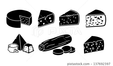 Black Solid Artisan Cheese Silhouettes Set of Six on White Background 137692397