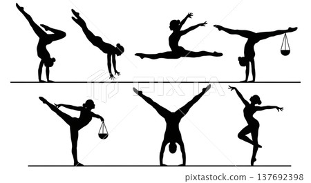 Black Solid Artistic Balance Beam Silhouettes Set of Six on White Background 137692398