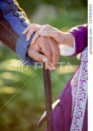 A female hand rests on a male sword hilt. A vertical close-up photo 137692603