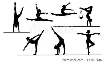 Black Solid Artistic Balance Beam Silhouettes Set of Six on White Background 137692682