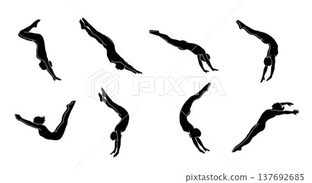 Black Solid Artistic Diving Silhouettes Set of Six on White Background 137692685