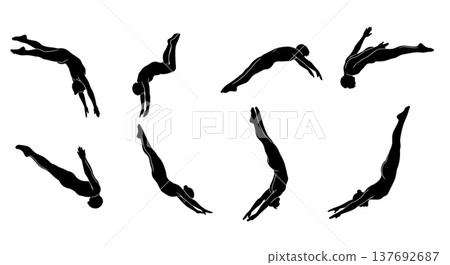 Black Solid Artistic Diving Silhouettes Set of Six on White Background 137692687