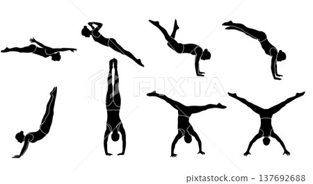 Black Solid Artistic Diving Silhouettes Set of Six on White Background 137692688