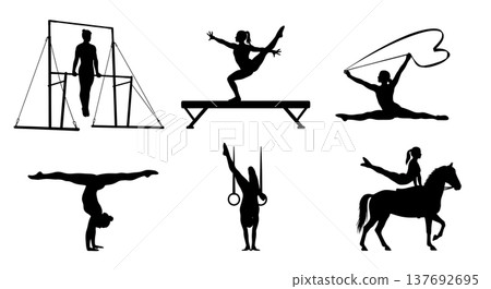 Black Solid Artistic Gymnasts Silhouettes Set of Six on White Background 137692695