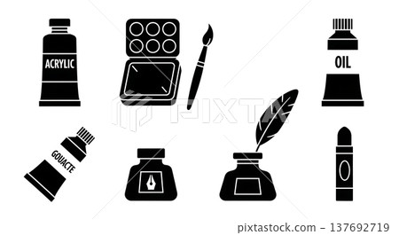 Black Solid Art Painting Mediums Silhouettes Set of Six on White Background 137692719