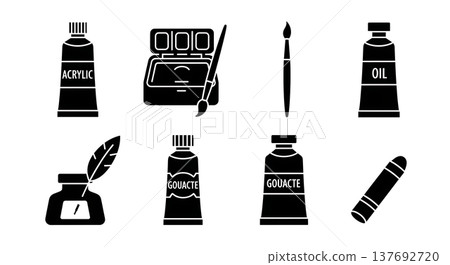 Black Solid Art Painting Mediums Silhouettes Set of Six on White Background Black Solid Art Painting Mediums Silhouettes Set of Six on White Background 137692720