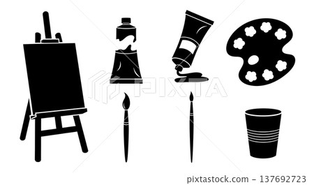 Black Solid Art Painting Supplies Silhouettes Set of Six on White Background Black Solid Art Painting Supplies Silhouettes Set of Six on White Background 137692723