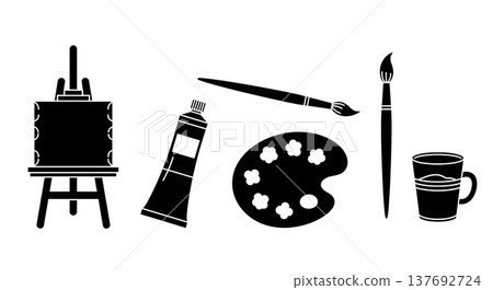 Black Solid Art Painting Supplies Silhouettes Set of Six on White Background Black Solid Art Painting Supplies Silhouettes Set of Six on White Background 137692724