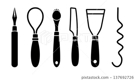 Black Solid Art Sculpting Tools Silhouettes Set of Six on White Background 137692726