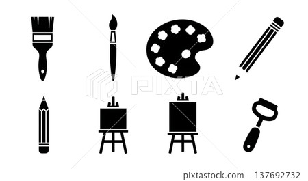 Black Solid Art Supplies Silhouettes Set of Six on White Background Black Solid Art Supplies Silhouettes Set of Six on White Background 137692732