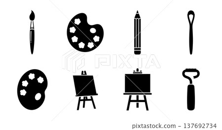 Black Solid Art Supplies Silhouettes Set of Six on White Background Black Solid Art Supplies Silhouettes Set of Six on White Background 137692734