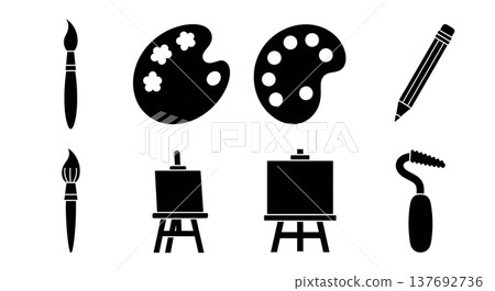 Black Solid Art Supplies Silhouettes Set of Six on White Background 137692736
