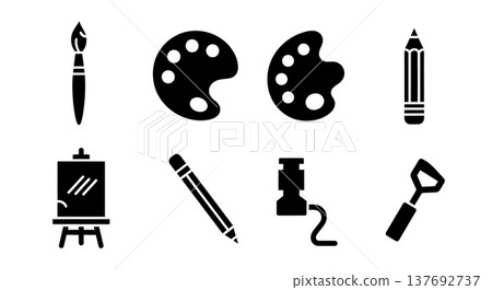 Black Solid Art Supplies Silhouettes Set of Six on White Background Black Solid Art Supplies Silhouettes Set of Six on White Background 137692737
