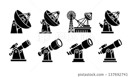 Black Solid Telescope Silhouettes Set of Six on White Background Black Solid Telescope Silhouettes Set of Six on White Background 137692741