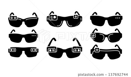 Black Solid Smart Glasses Set Silhouettes Set of Six on White Background 137692744