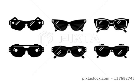 Black Solid Smart Glasses Set Silhouettes Set of Six on White Background 137692745