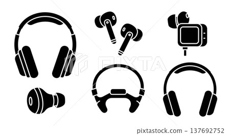 Black Solid Audio Headphone Silhouettes Set of Six on White Background 137692752