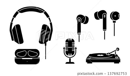 Black Solid Audio Headphone Silhouettes Set of Six on White Background Black Solid Audio Headphone Silhouettes Set of Six on White Background 137692753