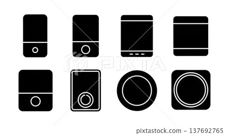 Black Solid Audio Speaker Silhouettes Set of Six on White Background Black Solid Audio Speaker Silhouettes Set of Six on White Background 137692765