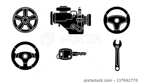 Black Solid Automotive Parts Silhouettes Set of Six on White Background 137692778