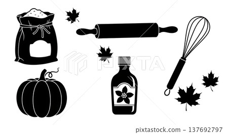Black Solid Autumn Baking Ingredient and Supply Silhouette Icons 137692797