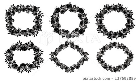 Black Solid Autumn Leaf and Pumpkin Frame Silhouettes Set of Six Black Solid Autumn Leaf and Pumpkin Frame Silhouettes Set of Six 137692889