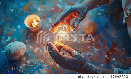 Hands crafting a glowing lightbulb out of clay symbol, Creative business concept 137692890