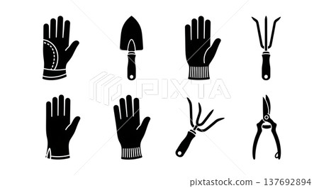 Black Solid Autumn Garden Cleanup Tool and Glove Silhouettes Black Solid Autumn Garden Cleanup Tool and Glove Silhouettes 137692894