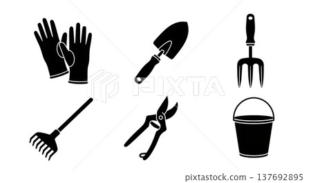 Black Solid Autumn Garden Cleanup Tool and Glove Silhouettes Black Solid Autumn Garden Cleanup Tool and Glove Silhouettes 137692895
