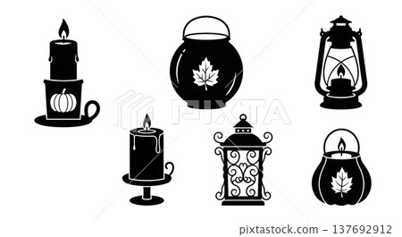 Black Solid Autumn Lantern and Candle Silhouette Collection 137692912