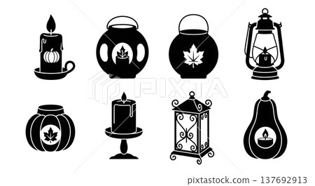 Black Solid Autumn Lantern and Candle Silhouette Collection 137692913