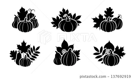 Black Solid Fall Leaves and Small Gourds Silhouettes Set of Six Black Solid Fall Leaves and Small Gourds Silhouettes Set of Six 137692919