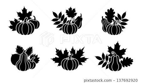 Black Solid Fall Leaves and Small Gourds Silhouettes Set of Six Black Solid Fall Leaves and Small Gourds Silhouettes Set of Six 137692920