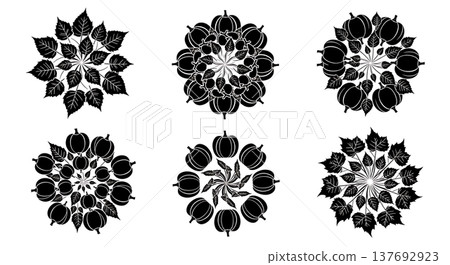 Black Solid Abstract Autumn Mandala and Swirl Pattern Silhouettes Black Solid Abstract Autumn Mandala and Swirl Pattern Silhouettes 137692923