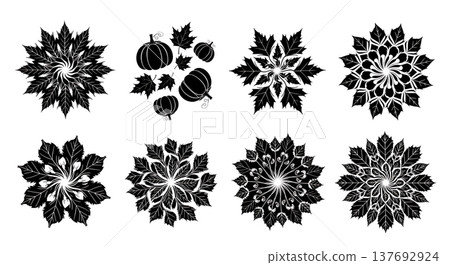Black Solid Abstract Autumn Mandala and Swirl Pattern Silhouettes Black Solid Abstract Autumn Mandala and Swirl Pattern Silhouettes 137692924