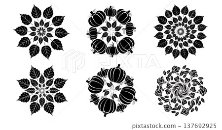Black Solid Abstract Autumn Mandala and Swirl Pattern Silhouettes 137692925