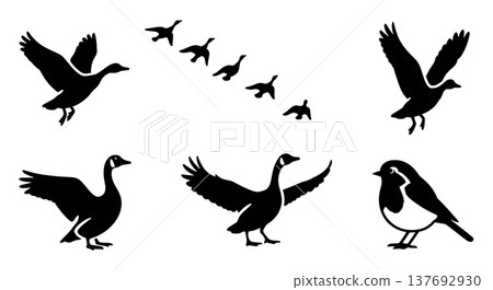 Black Solid Autumn Migratory Bird Silhouettes Set of Six 137692930