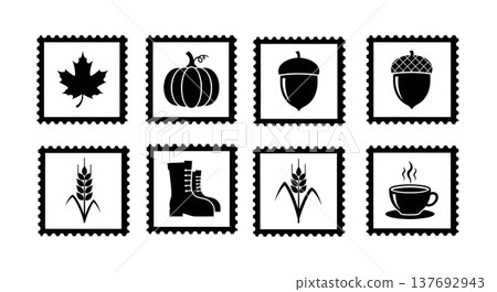 Black Solid Autumn Themed Postage Stamp Silhouette Collection Black Solid Autumn Themed Postage Stamp Silhouette Collection 137692943