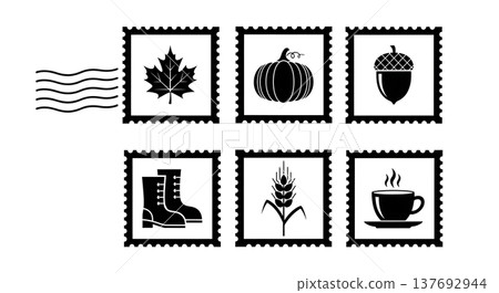 Black Solid Autumn Themed Postage Stamp Silhouette Collection 137692944