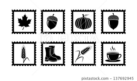 Black Solid Autumn Themed Postage Stamp Silhouette Collection Black Solid Autumn Themed Postage Stamp Silhouette Collection 137692945
