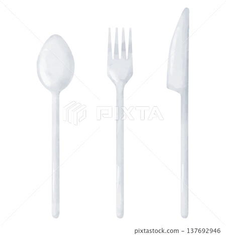 一組水彩風格的銀色餐具插圖。 137692946